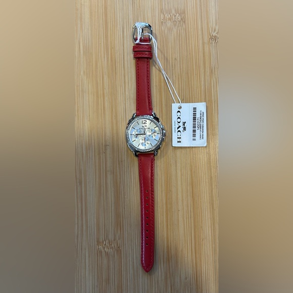 Coach Boyfriend Watch With 35mm Silver Chronograph Face & Red Leather Band - Picture 3 of 6